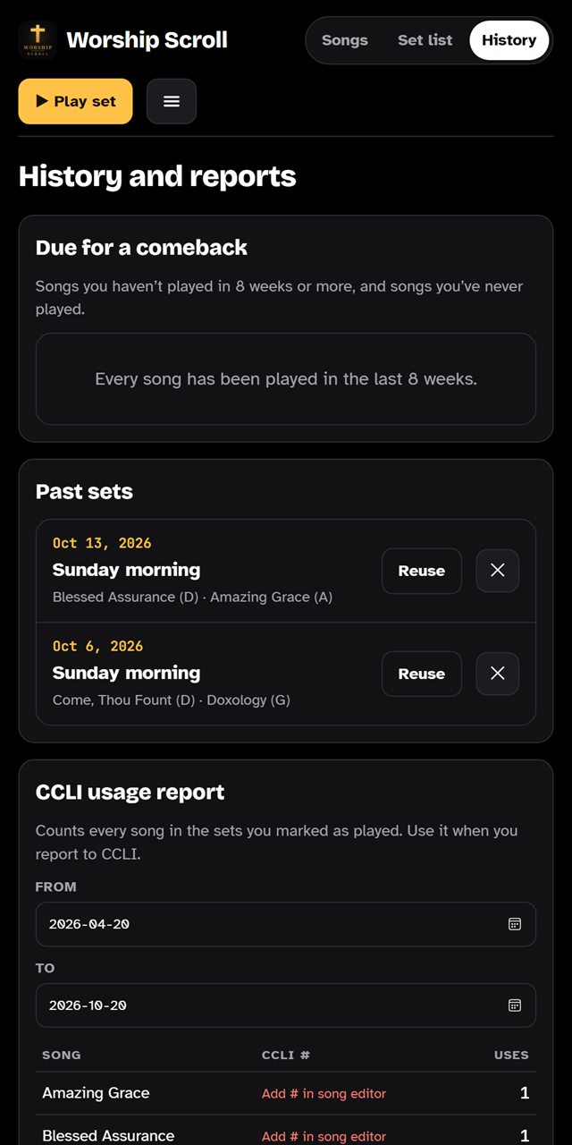 Song history showing dates each song was played