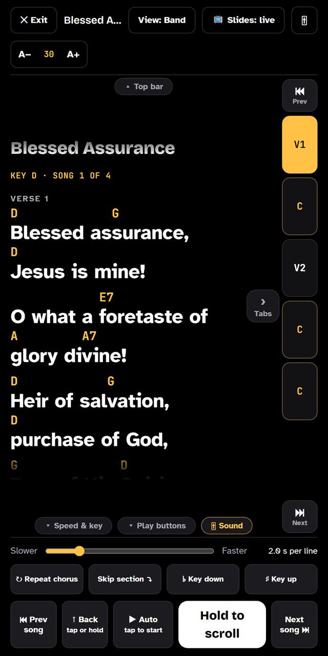 A song scrolling in Worship Scroll's play mode, with chords above the lyrics