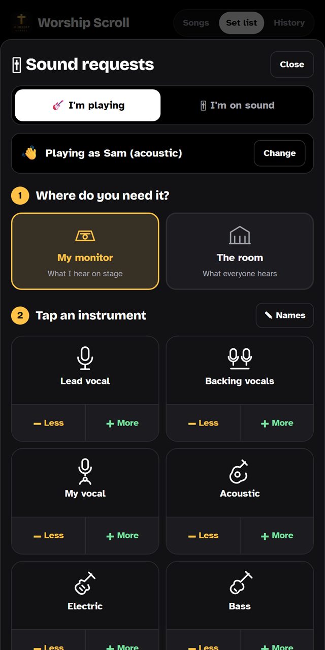 The sound request buttons for monitor mixes